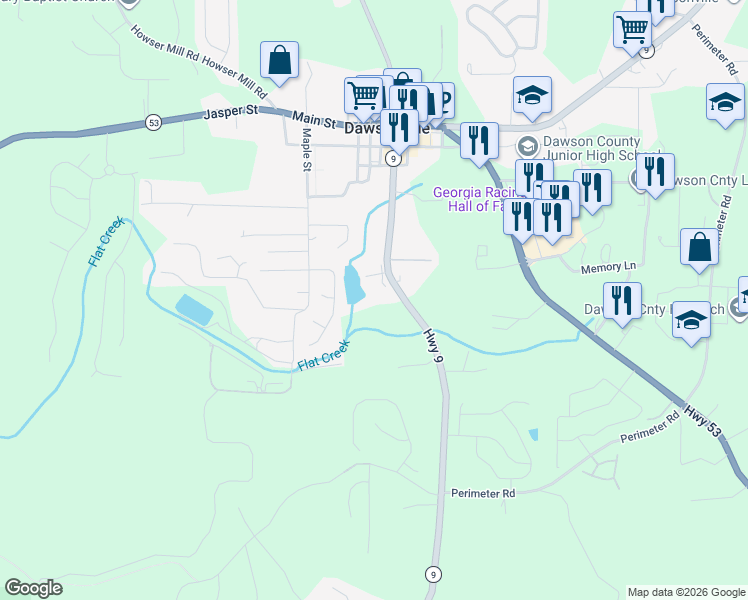 map of restaurants, bars, coffee shops, grocery stores, and more near 68 Dan Roper Lane in Dawsonville