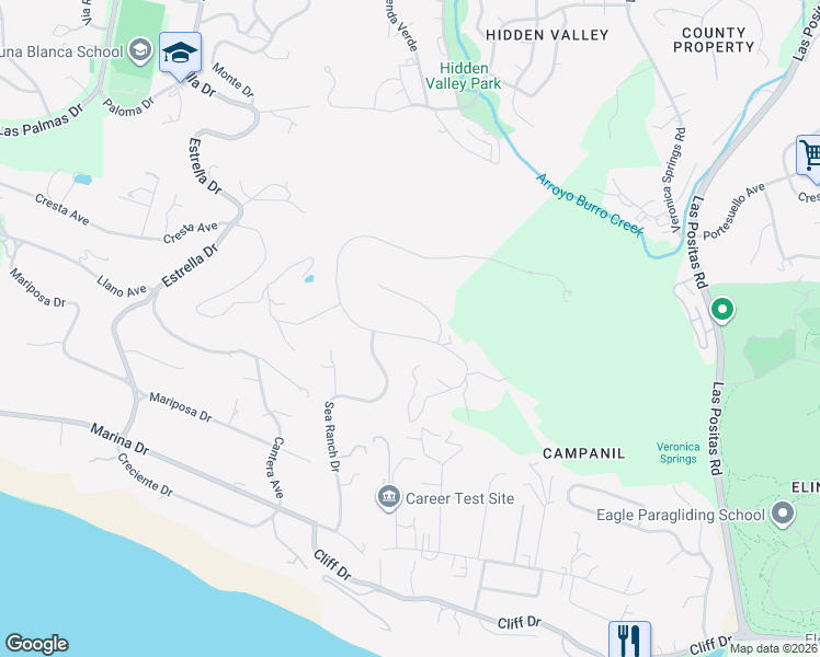 map of restaurants, bars, coffee shops, grocery stores, and more near 3236 Campanil Drive in Santa Barbara