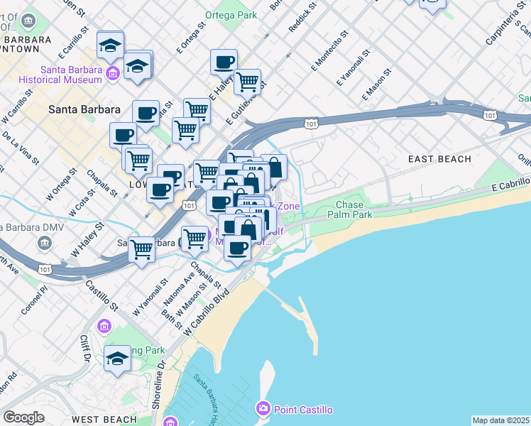 map of restaurants, bars, coffee shops, grocery stores, and more near 4 Santa Barbara Street in Santa Barbara
