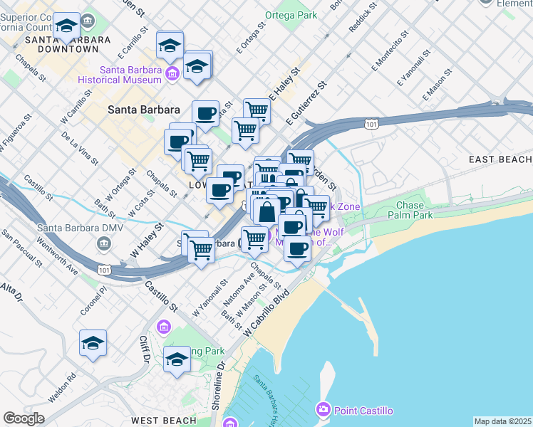 map of restaurants, bars, coffee shops, grocery stores, and more near 10 East Yanonali Street in Santa Barbara