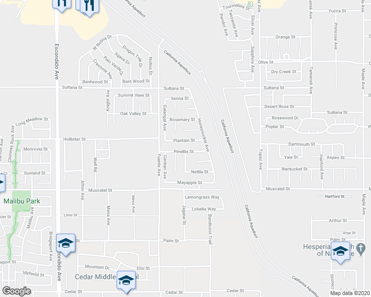 map of restaurants, bars, coffee shops, grocery stores, and more near 13852 Pinellia Street in Hesperia