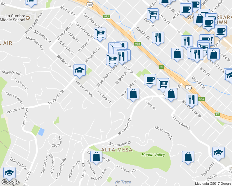 map of restaurants, bars, coffee shops, grocery stores, and more near 1317 Gillespie Street in Santa Barbara