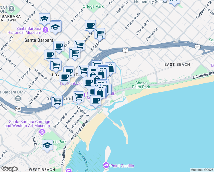 map of restaurants, bars, coffee shops, grocery stores, and more near 4 Santa Barbara Street in Santa Barbara