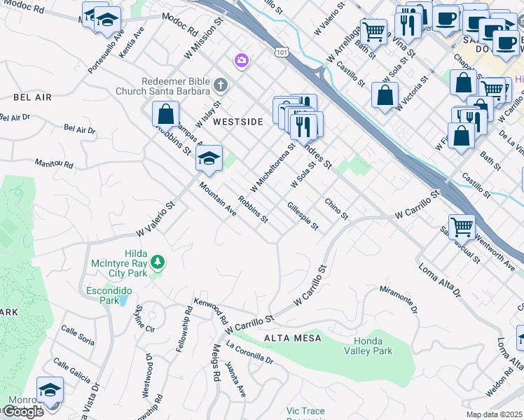map of restaurants, bars, coffee shops, grocery stores, and more near 1326 Robbins Street in Santa Barbara
