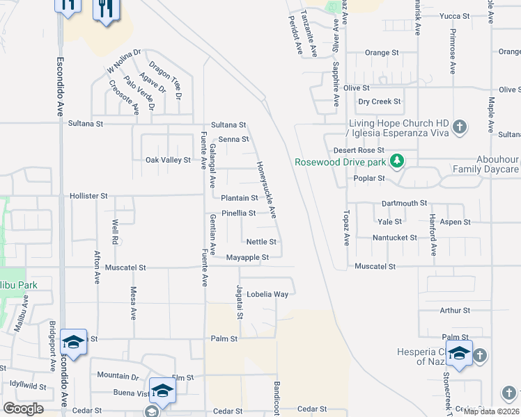 map of restaurants, bars, coffee shops, grocery stores, and more near 13936 Periwinkle Court in Hesperia