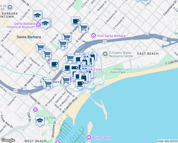 map of restaurants, bars, coffee shops, grocery stores, and more near 5 Santa Barbara Street in Santa Barbara