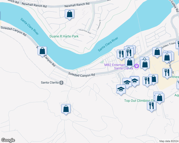 map of restaurants, bars, coffee shops, grocery stores, and more near 22002 Moveo Drive in Santa Clarita