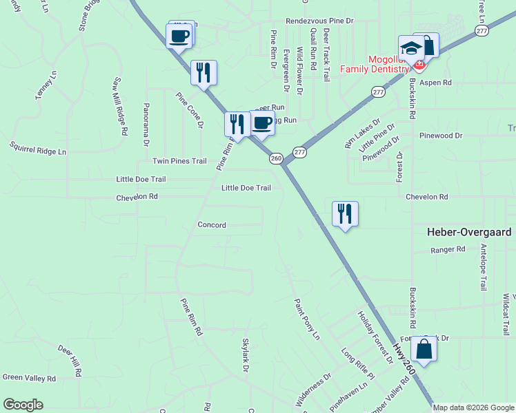 map of restaurants, bars, coffee shops, grocery stores, and more near 2008 Concord in Heber-Overgaard