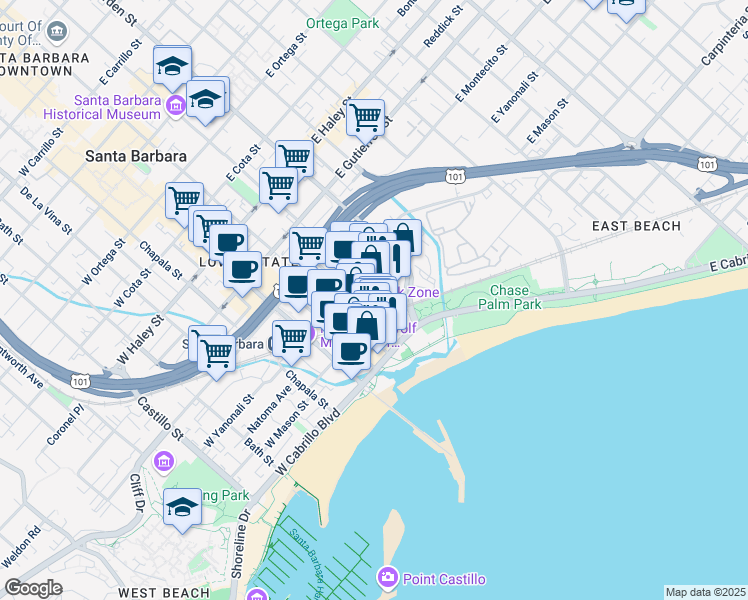 map of restaurants, bars, coffee shops, grocery stores, and more near 15 Santa Barbara Street in Santa Barbara