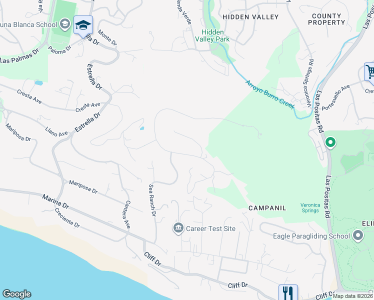 map of restaurants, bars, coffee shops, grocery stores, and more near 3236 Campanil Drive in Santa Barbara