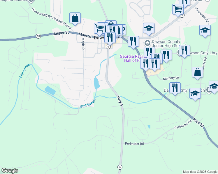 map of restaurants, bars, coffee shops, grocery stores, and more near 453 Georgia 9 in Dawsonville