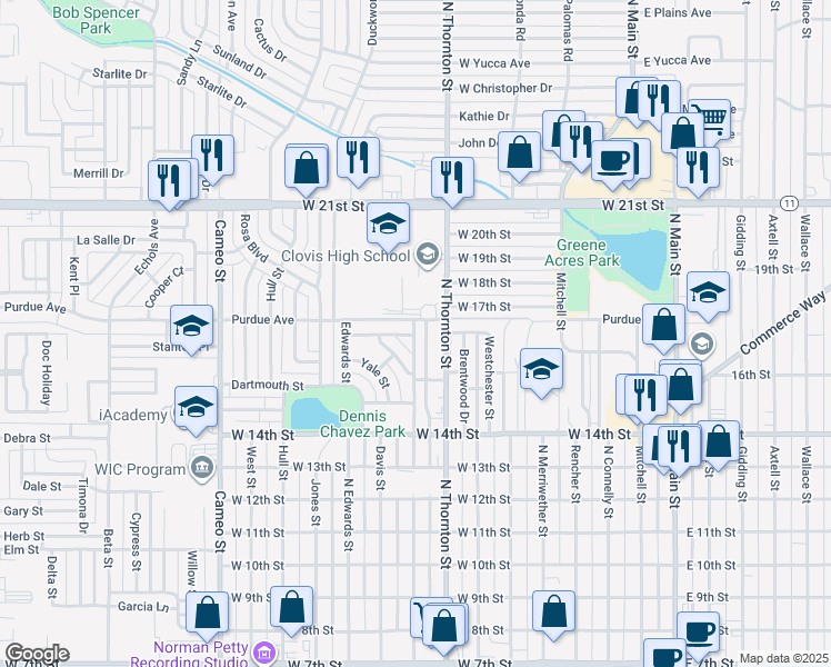 map of restaurants, bars, coffee shops, grocery stores, and more near 1513 North Reid Street in Clovis