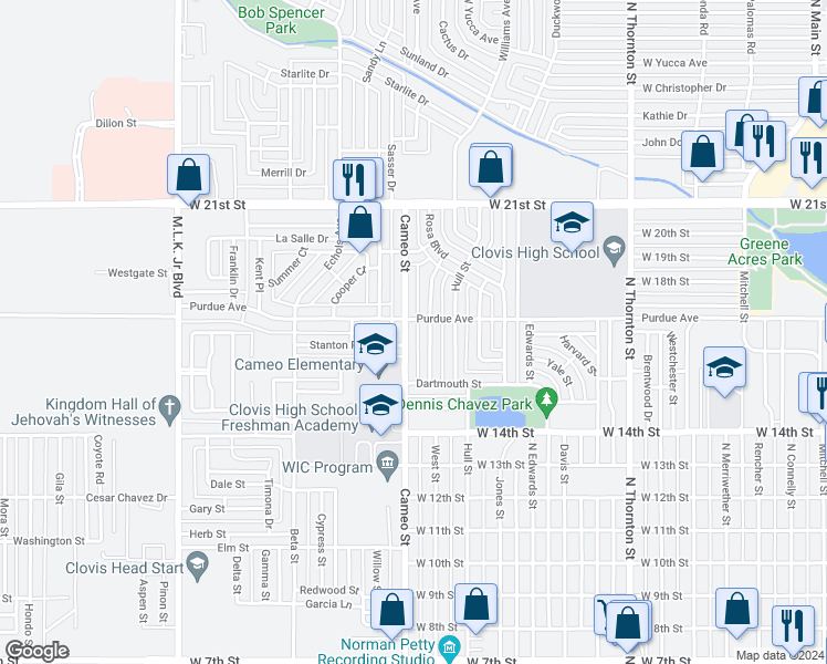map of restaurants, bars, coffee shops, grocery stores, and more near 1617 Cameo St in Clovis