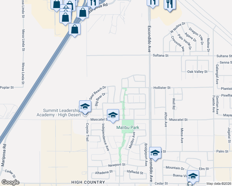 map of restaurants, bars, coffee shops, grocery stores, and more near 9089 Carson Avenue in Hesperia