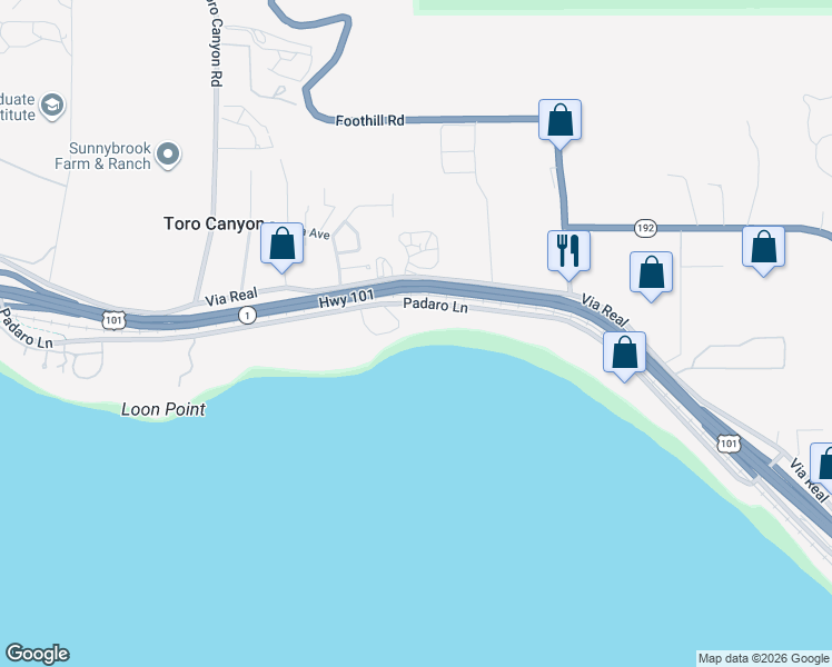 map of restaurants, bars, coffee shops, grocery stores, and more near Padaro Lane in Santa Barbara County