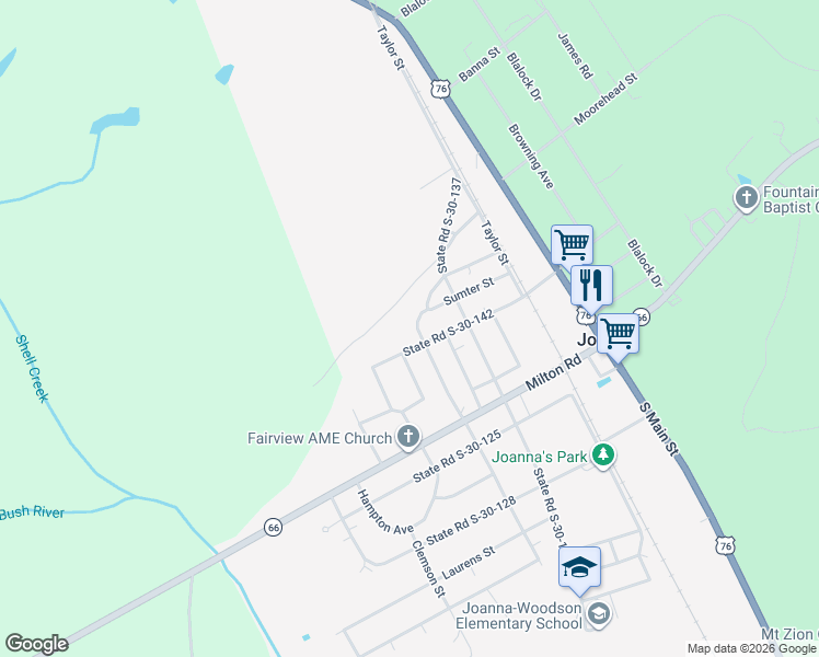 map of restaurants, bars, coffee shops, grocery stores, and more near 506 West Calhoun Street in Joanna