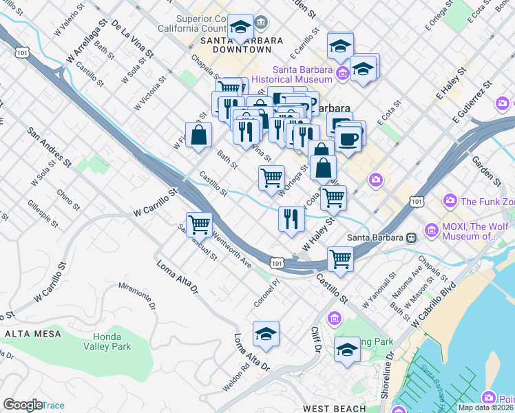 map of restaurants, bars, coffee shops, grocery stores, and more near 316 West Ortega Street in Santa Barbara