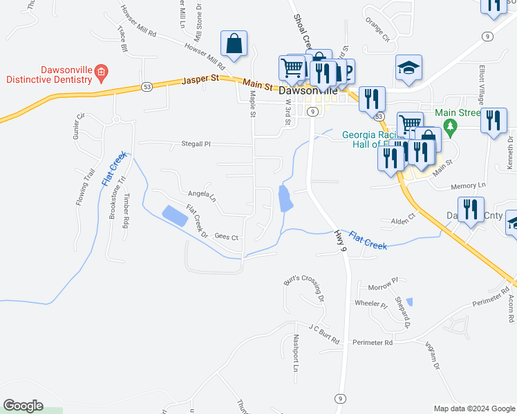 map of restaurants, bars, coffee shops, grocery stores, and more near 45 Pearl's Way in Dawsonville
