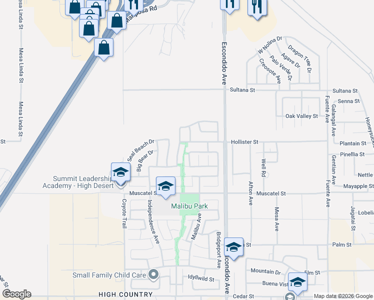 map of restaurants, bars, coffee shops, grocery stores, and more near 9034 Coachella Avenue in Hesperia