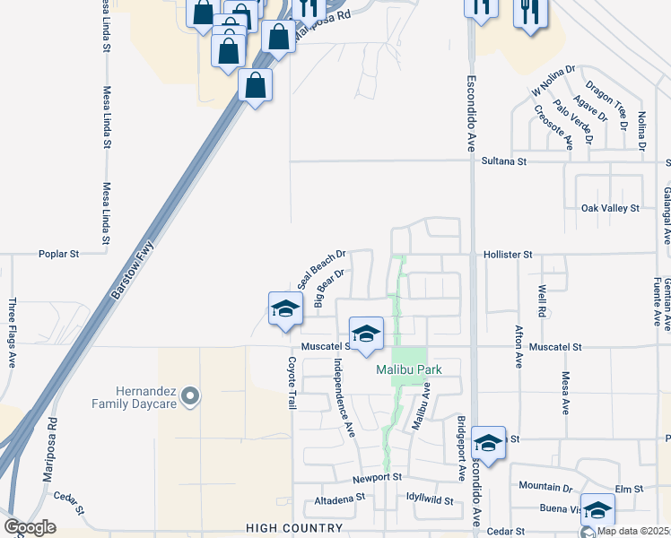map of restaurants, bars, coffee shops, grocery stores, and more near 9098 Big Bear Drive in Hesperia