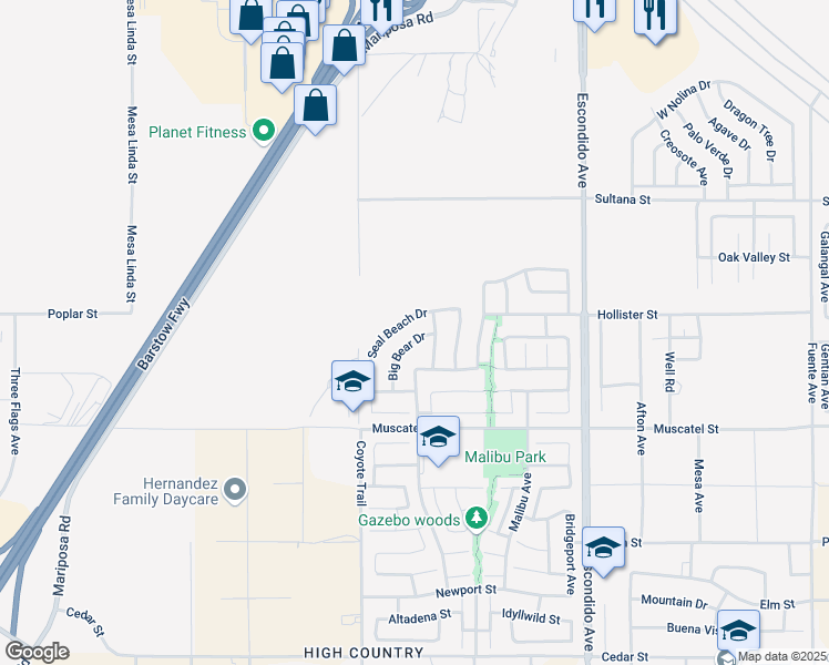 map of restaurants, bars, coffee shops, grocery stores, and more near 9098 Big Bear Drive in Hesperia