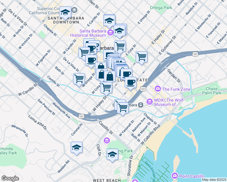 map of restaurants, bars, coffee shops, grocery stores, and more near in Santa Barbara
