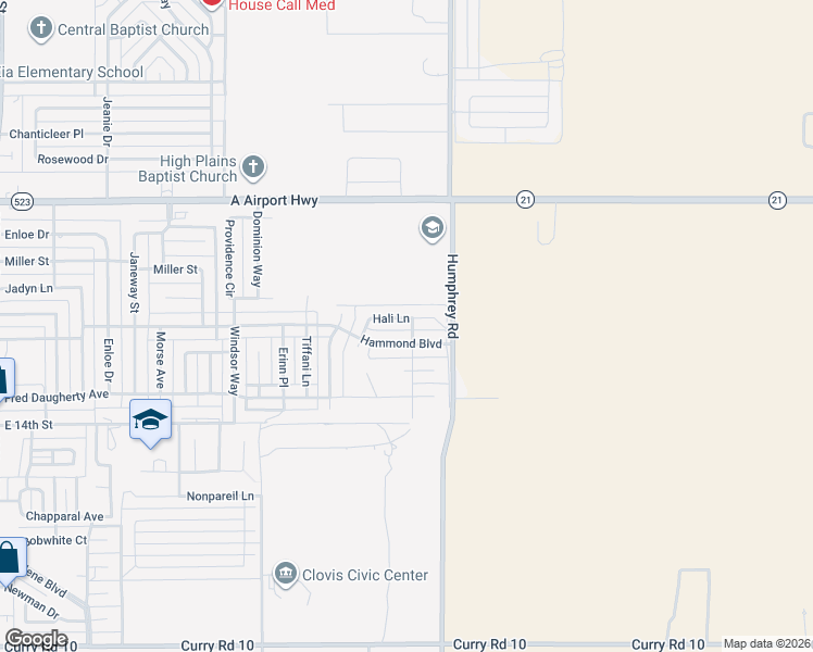 map of restaurants, bars, coffee shops, grocery stores, and more near 2021 Hali Lane in Clovis