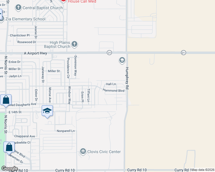 map of restaurants, bars, coffee shops, grocery stores, and more near 1920 Hali Lane in Clovis