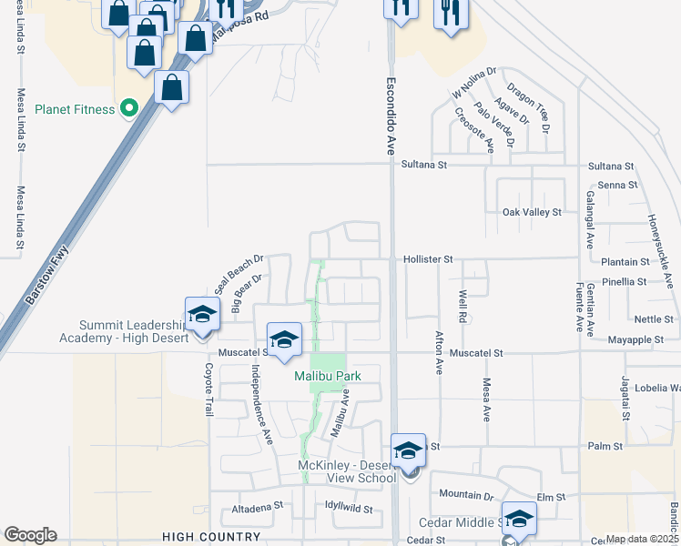 map of restaurants, bars, coffee shops, grocery stores, and more near 13174 Monrovia Street in Hesperia