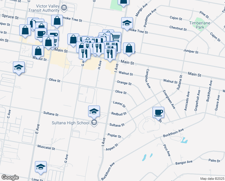 map of restaurants, bars, coffee shops, grocery stores, and more near I Avenue & Olive Street in Hesperia