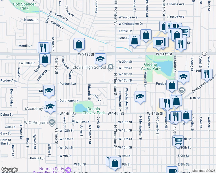 map of restaurants, bars, coffee shops, grocery stores, and more near 1900 North Thornton Street in Clovis