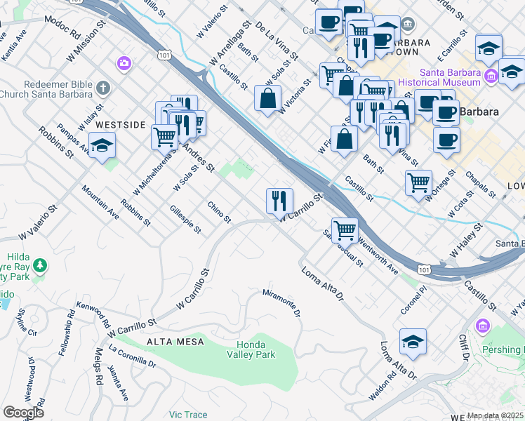 map of restaurants, bars, coffee shops, grocery stores, and more near 1105 San Pascual Street in Santa Barbara