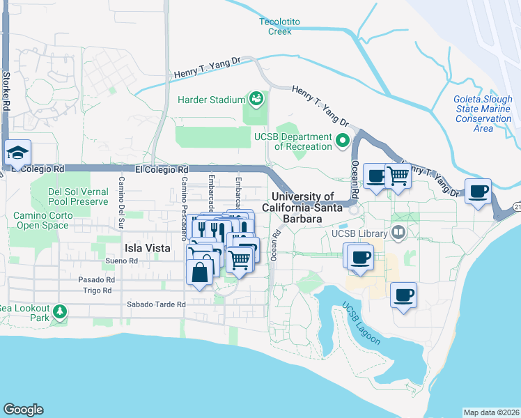 map of restaurants, bars, coffee shops, grocery stores, and more near 6514 El Greco Road in Isla Vista
