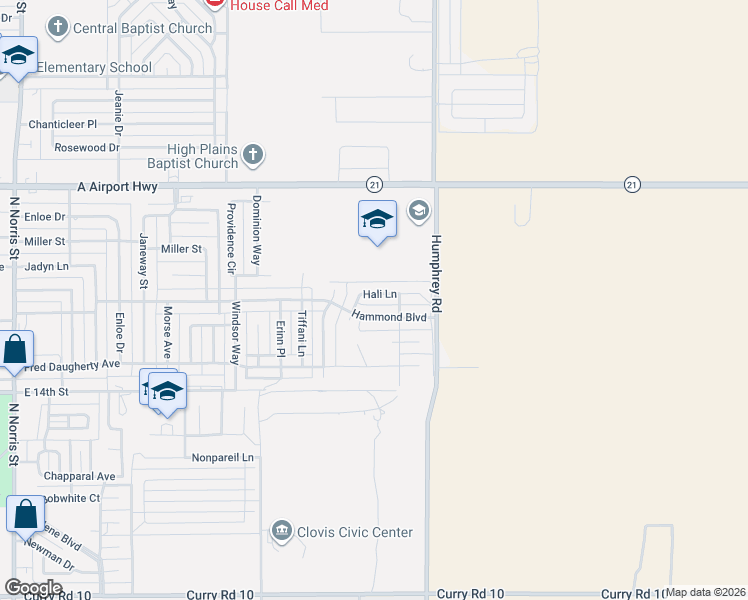 map of restaurants, bars, coffee shops, grocery stores, and more near 2005 Hali Lane in Clovis