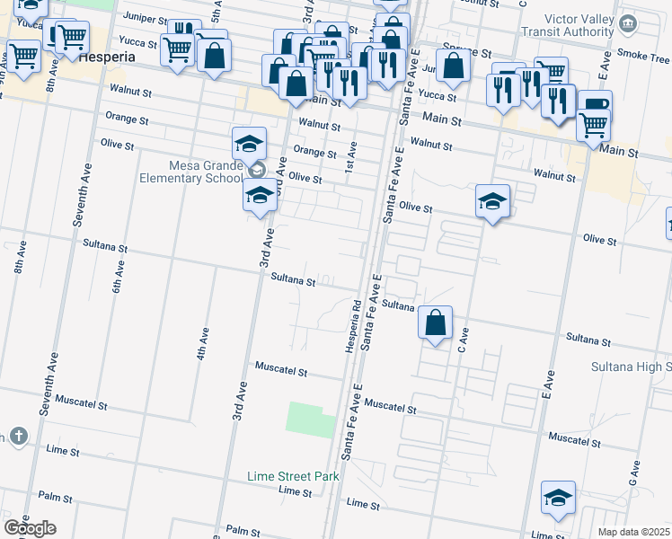 map of restaurants, bars, coffee shops, grocery stores, and more near 16350 Sultana Street in Hesperia