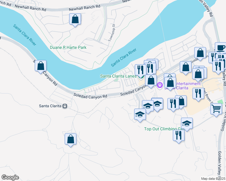 map of restaurants, bars, coffee shops, grocery stores, and more near 21892 Moveo Drive in Santa Clarita