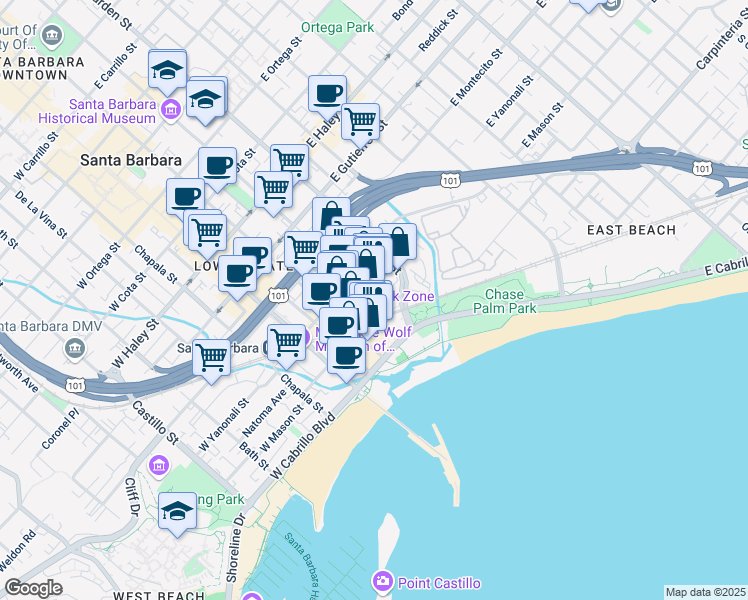 map of restaurants, bars, coffee shops, grocery stores, and more near 101 Garden Street in Santa Barbara