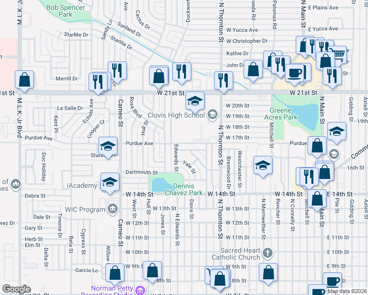 map of restaurants, bars, coffee shops, grocery stores, and more near 22 Columbia Lane in Clovis