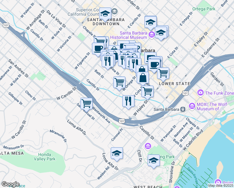 map of restaurants, bars, coffee shops, grocery stores, and more near 308 West Ortega Street in Santa Barbara