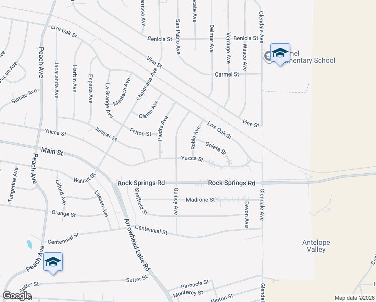 map of restaurants, bars, coffee shops, grocery stores, and more near 9030 Roble Avenue in Hesperia