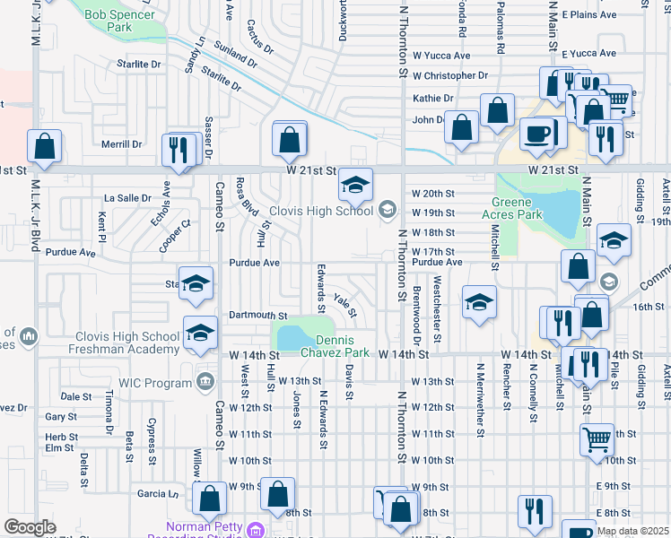 map of restaurants, bars, coffee shops, grocery stores, and more near 124 Columbia Lane in Clovis