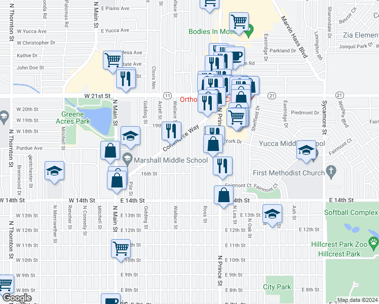 map of restaurants, bars, coffee shops, grocery stores, and more near 1706 Sheldon Street in Clovis