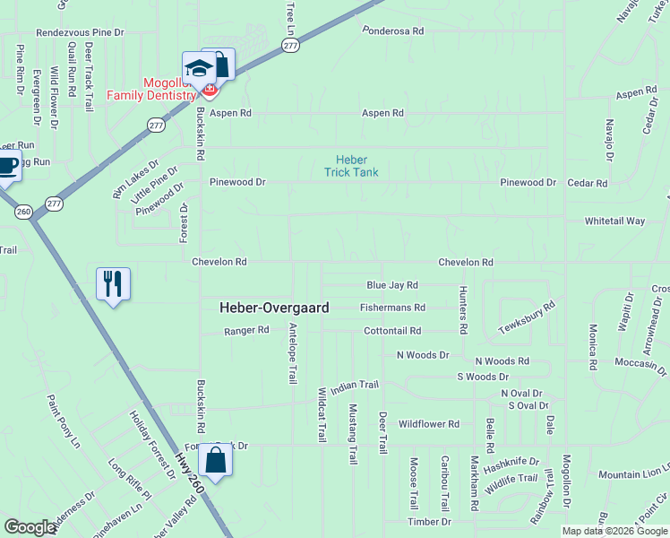 map of restaurants, bars, coffee shops, grocery stores, and more near 2109 Chevelon Road in Heber-Overgaard