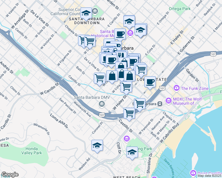 map of restaurants, bars, coffee shops, grocery stores, and more near 623 De La Vina Street in Santa Barbara
