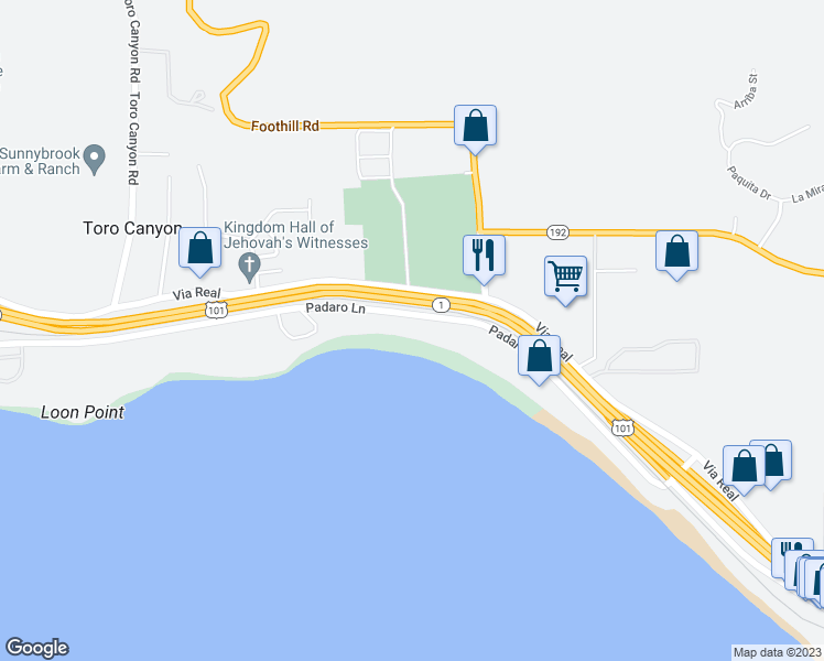 map of restaurants, bars, coffee shops, grocery stores, and more near 3339 Padaro Lane in Carpinteria
