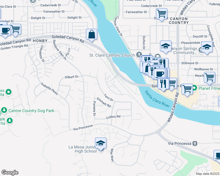 map of restaurants, bars, coffee shops, grocery stores, and more near 26880 Trestles Drive in Santa Clarita