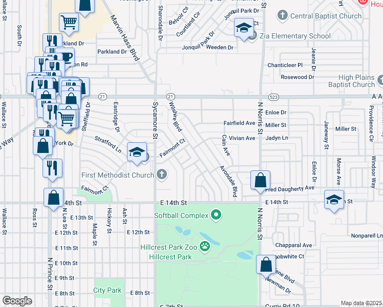 map of restaurants, bars, coffee shops, grocery stores, and more near 1816 Wilshire Boulevard in Clovis