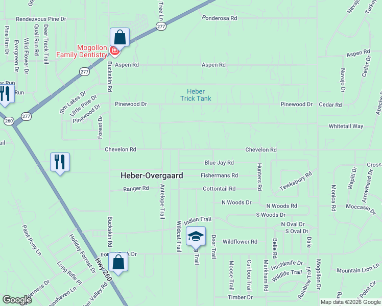 map of restaurants, bars, coffee shops, grocery stores, and more near 2109 Chevelon Road in Heber-Overgaard