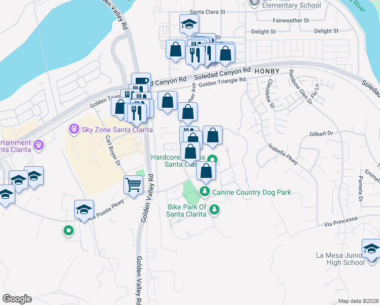 map of restaurants, bars, coffee shops, grocery stores, and more near 26470 Ruether Avenue in Santa Clarita
