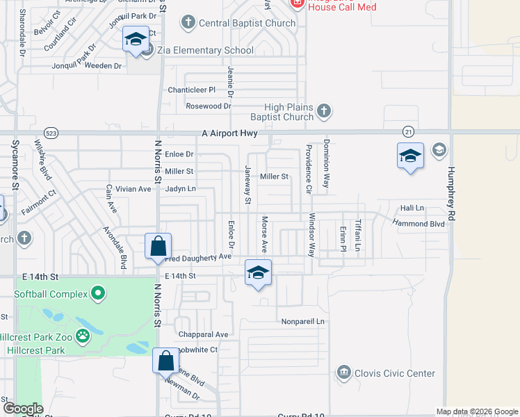 map of restaurants, bars, coffee shops, grocery stores, and more near 1909 Janeway Street in Clovis